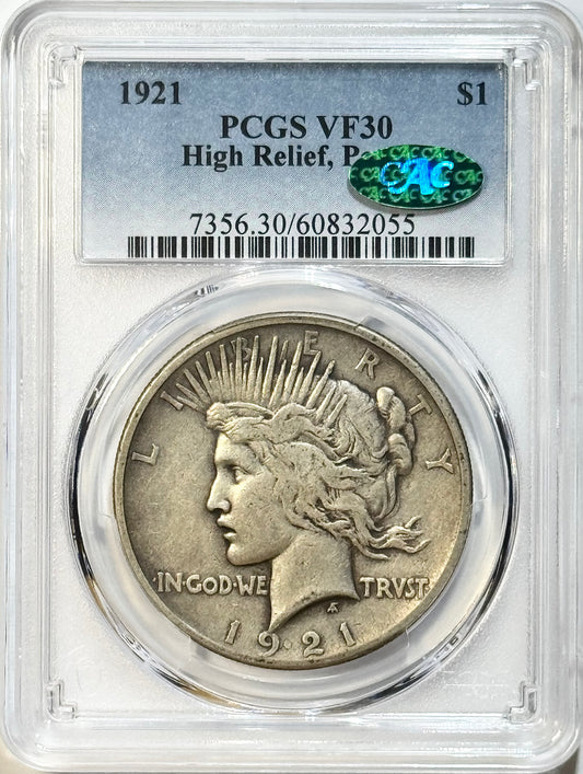 1921 Silver Peace Dollar - PCGS VF30 CAC - High Relief SCARCE Key Date $1