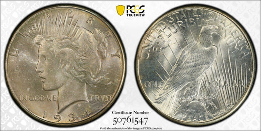 1934 Silver Peace Dollar PCGS - MS65 CAC - High Grade Philadelphia $1