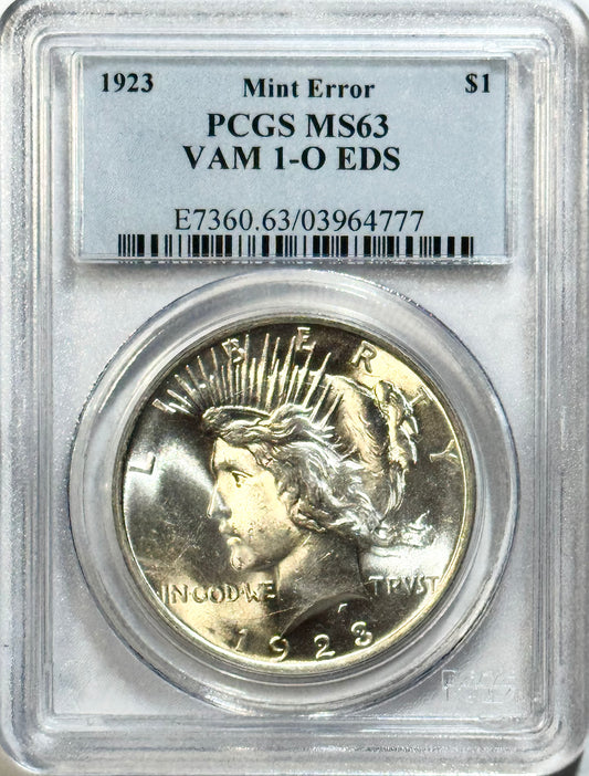 1923 Peace Dollar - PCGS MS63 - VAM 1-O EDS Mint Error Silver Top 50