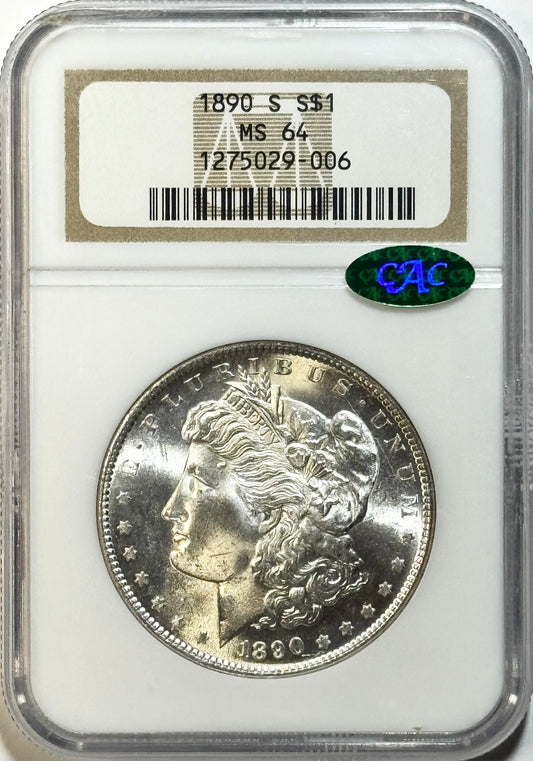 1890-S Morgan Silver Dollar - NGC MS64 Legacy CAC - Old Fatty Holder $1
