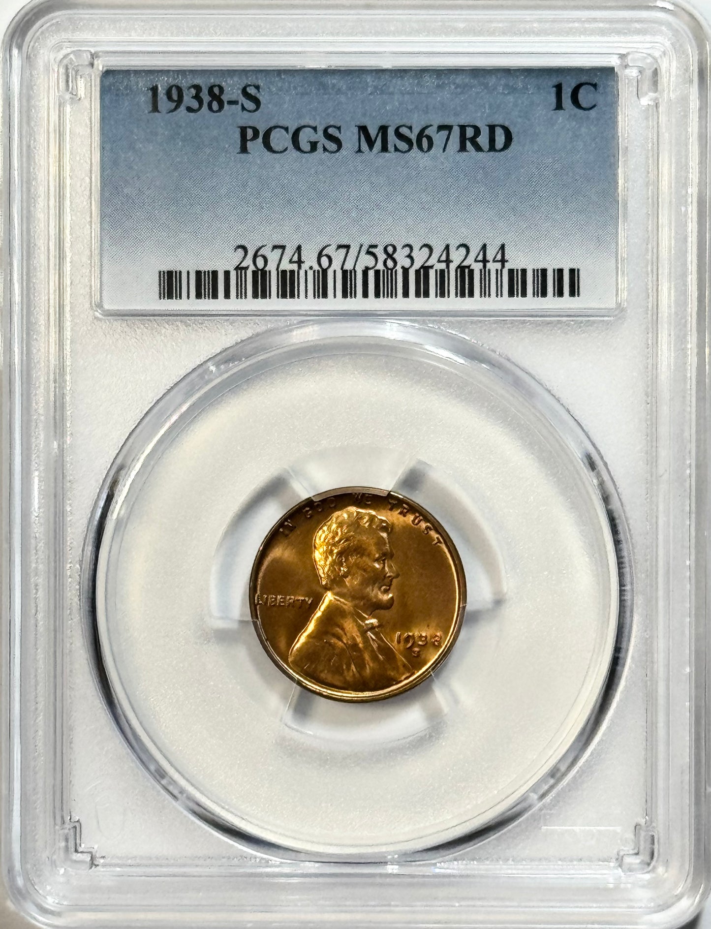 1938-S Lincoln Wheat Cent - PCGS MS67RD - Red San Francisco Mint