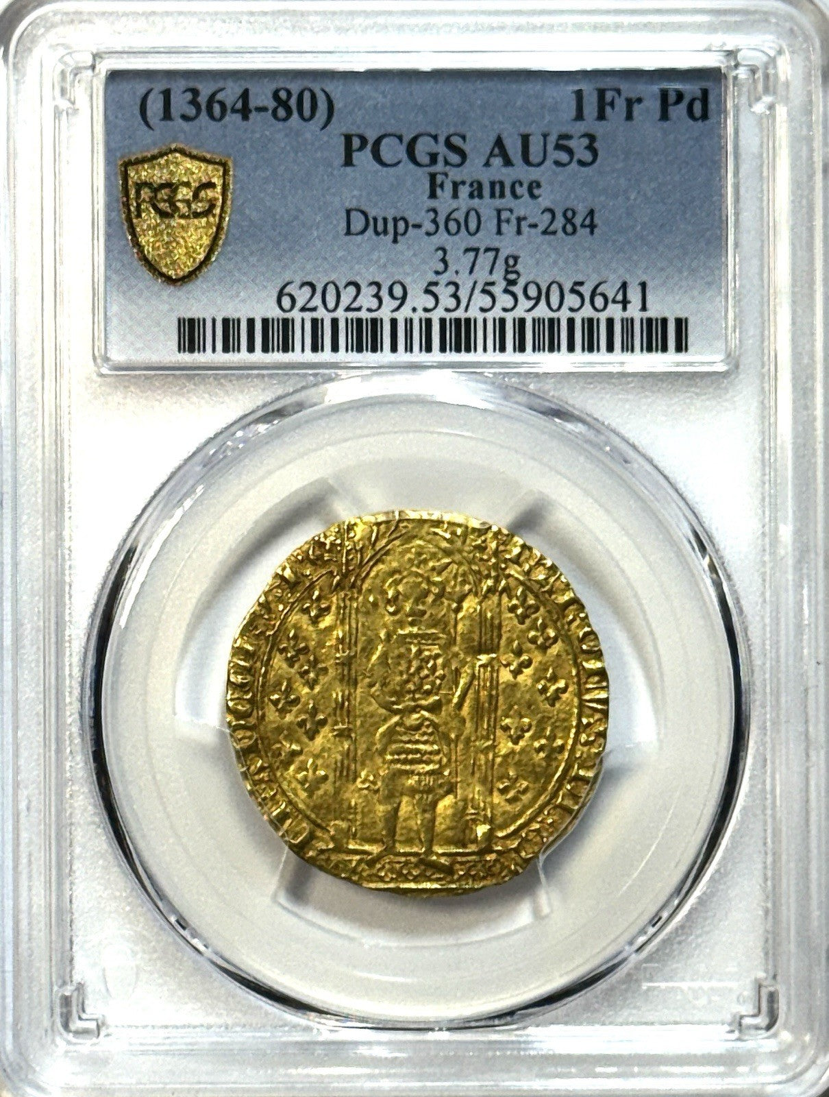 1364-80 France Gold Franc a Pied - PCGS AU53 - Beautiful Medieval Hammered Gold!