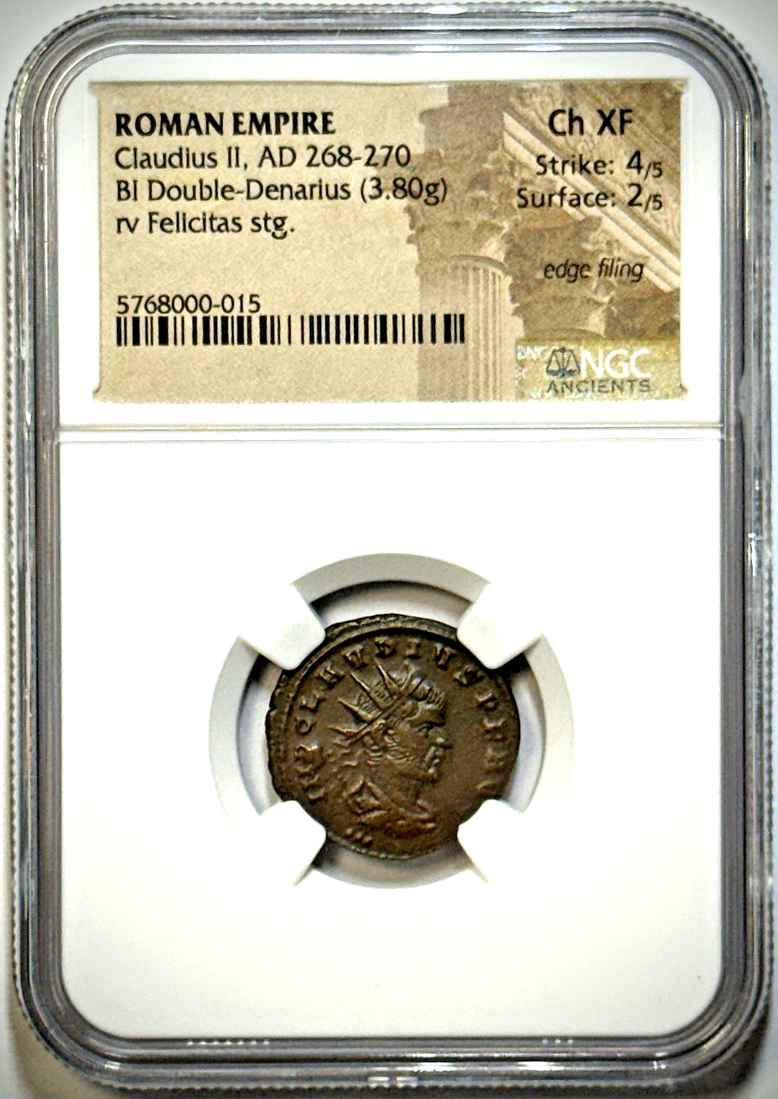 268-270 AD, Claudius II ROMAN EMP, BI Double-Denarius, NGC Ch XF St: 3/5 Su: 2/5