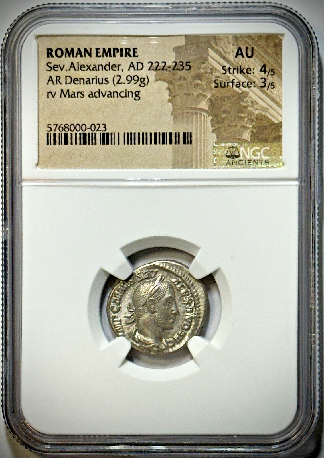 222–235 AD Severus Alexander Roman Emp Denarius — NGC AU • Silver • 4/5 3/5
