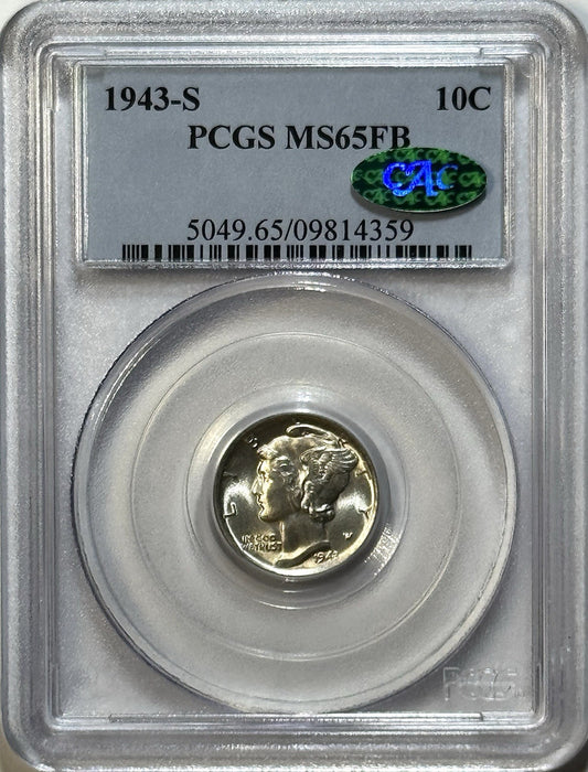 1943-S Mercury Dime - PCGS MS65FB CAC - Full Bands Blast White Sharp