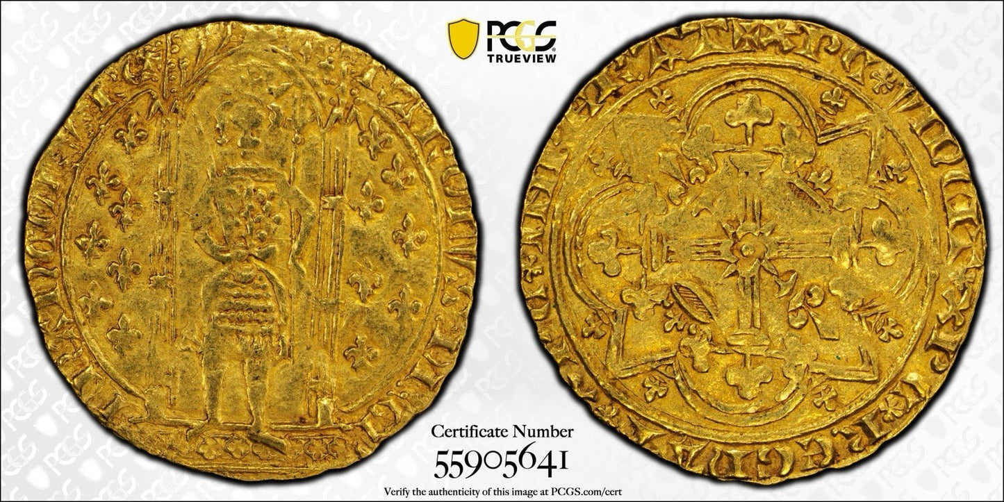 1364-80 France Gold Franc a Pied - PCGS AU53 - Beautiful Medieval Hammered Gold!