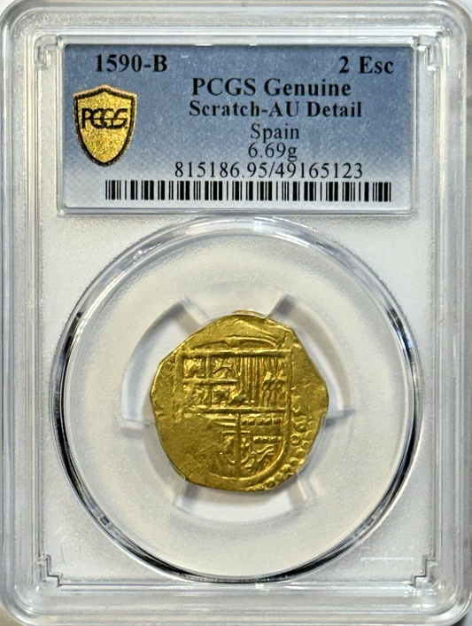 1590-B 2 Escudos RARE Gold — Seville Mint | Philip II | PCGS Genuine AU Details