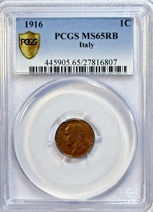 1916 Italy 1 Centesimo PCGS MS65 RB — Vittorio Emanuele III • WWI Era
