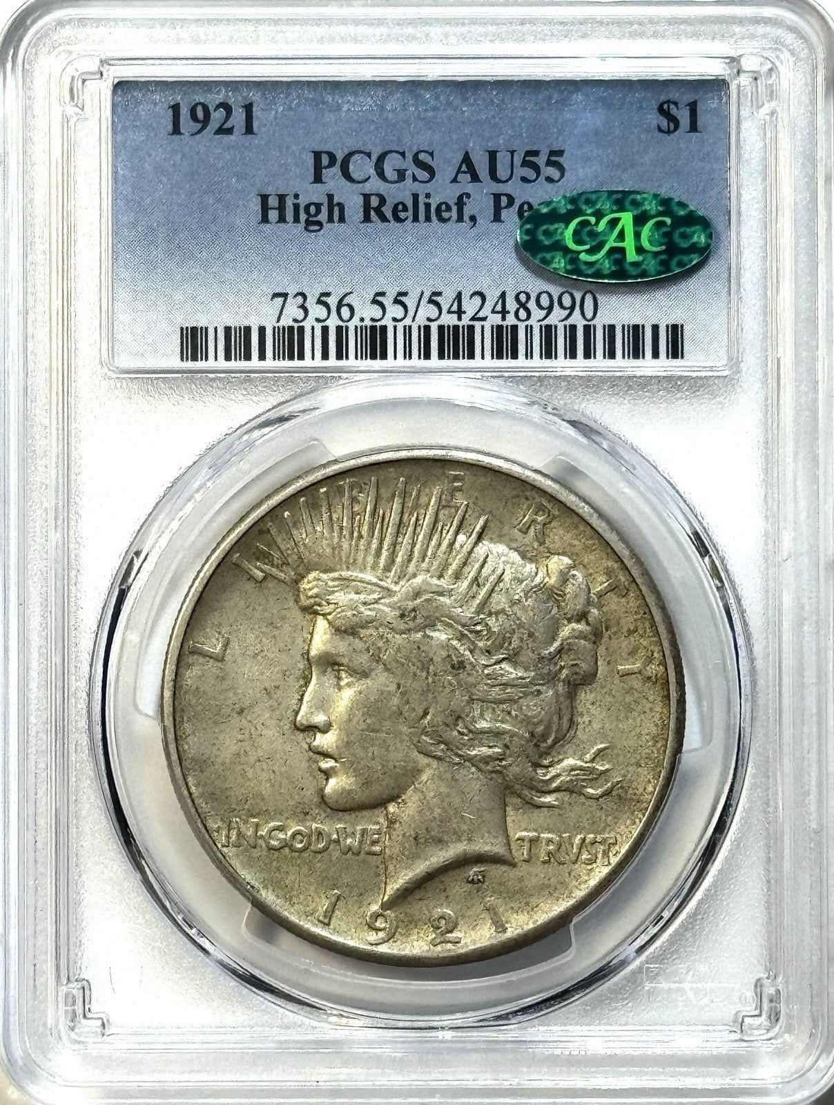 1921 High Relief Peace Dollar - PCGS AU55 CAC - Key Date Collector Coin