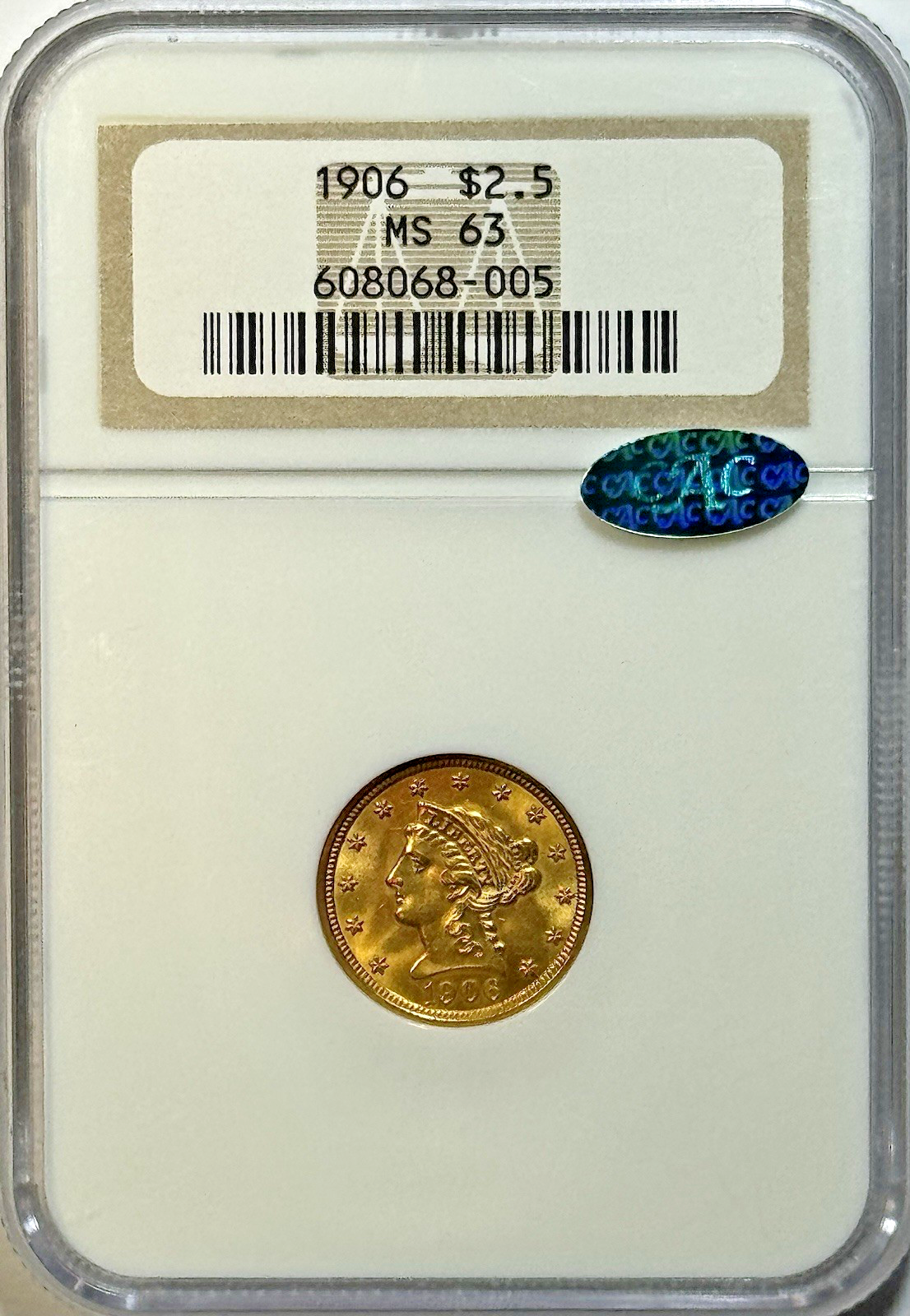 1906 $2.50 Liberty Gold Quarter Eagle NGC MS63 CAC — Pre-33