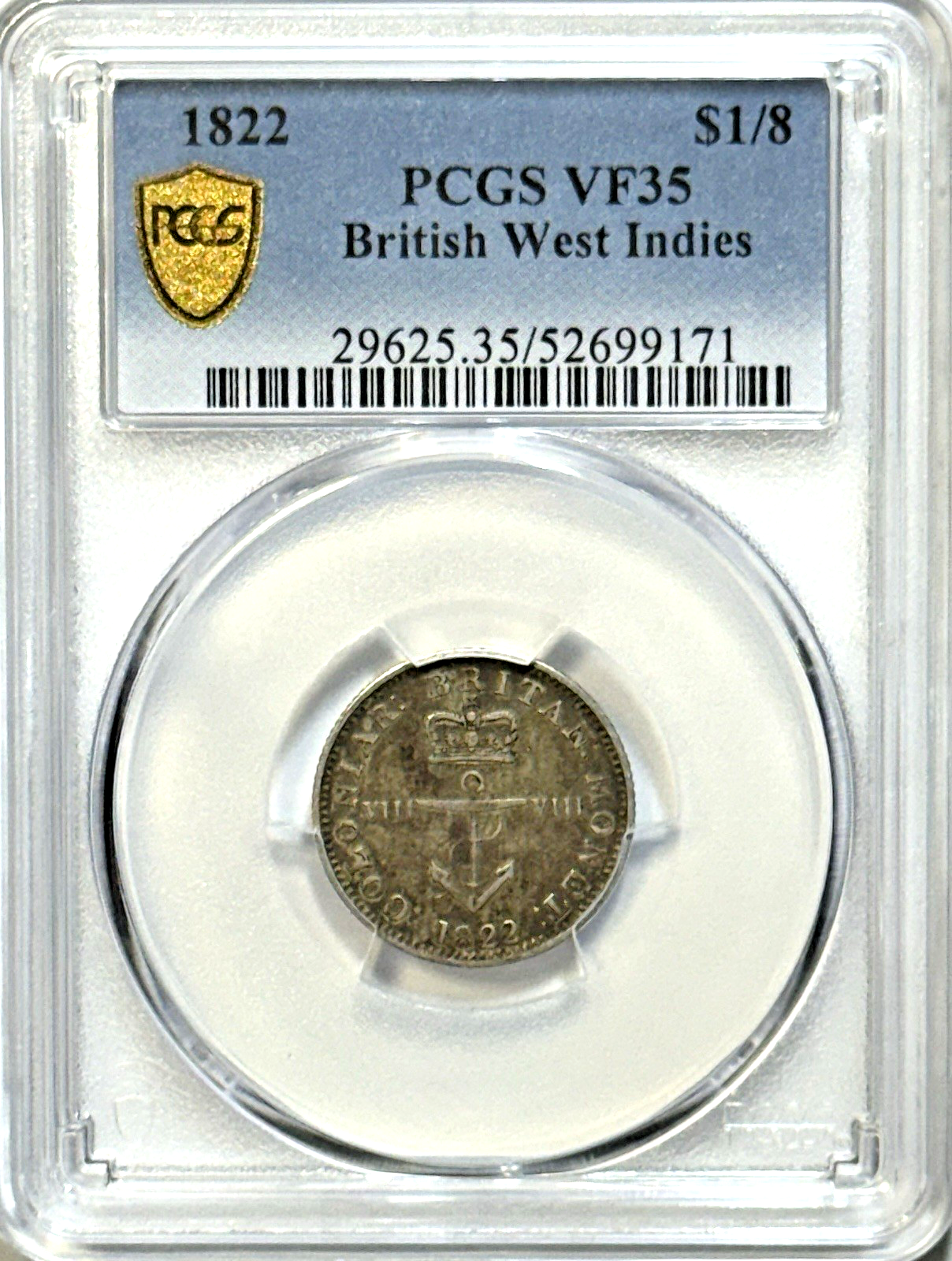 1822 British West Indies 1/8 Dollar PCGS VF35 — Toned Colonial Silver — Scarce!