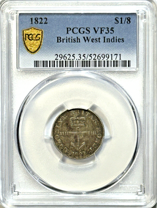 1822 British West Indies 1/8 Dollar PCGS VF35 — Toned Colonial Silver — Scarce!