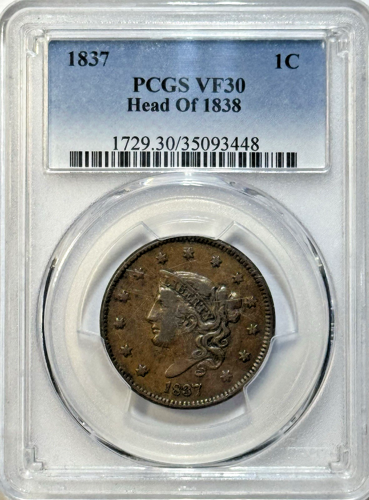 1837 Large Cent - PCGS VF30 - Head of 1838 Variety Early Copper