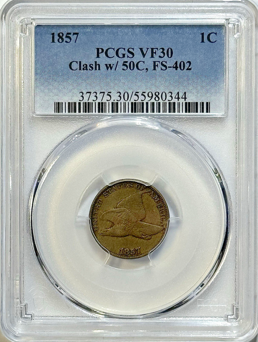 1857 Flying Eagle Cent - PCGS VF30 - FS-402 Clash w/ Half Dollar Snow-2 Variety