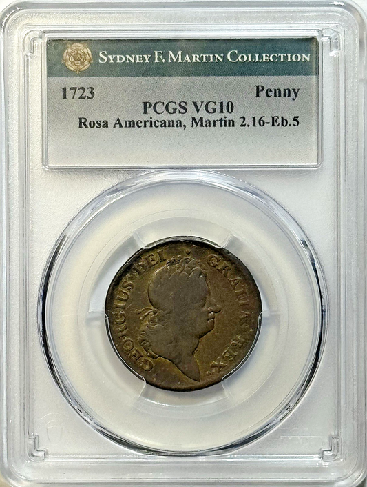 1723 Rosa Americana Penny PCGS VG10 — Sydney Martin Collection Colonial Coin 🔥