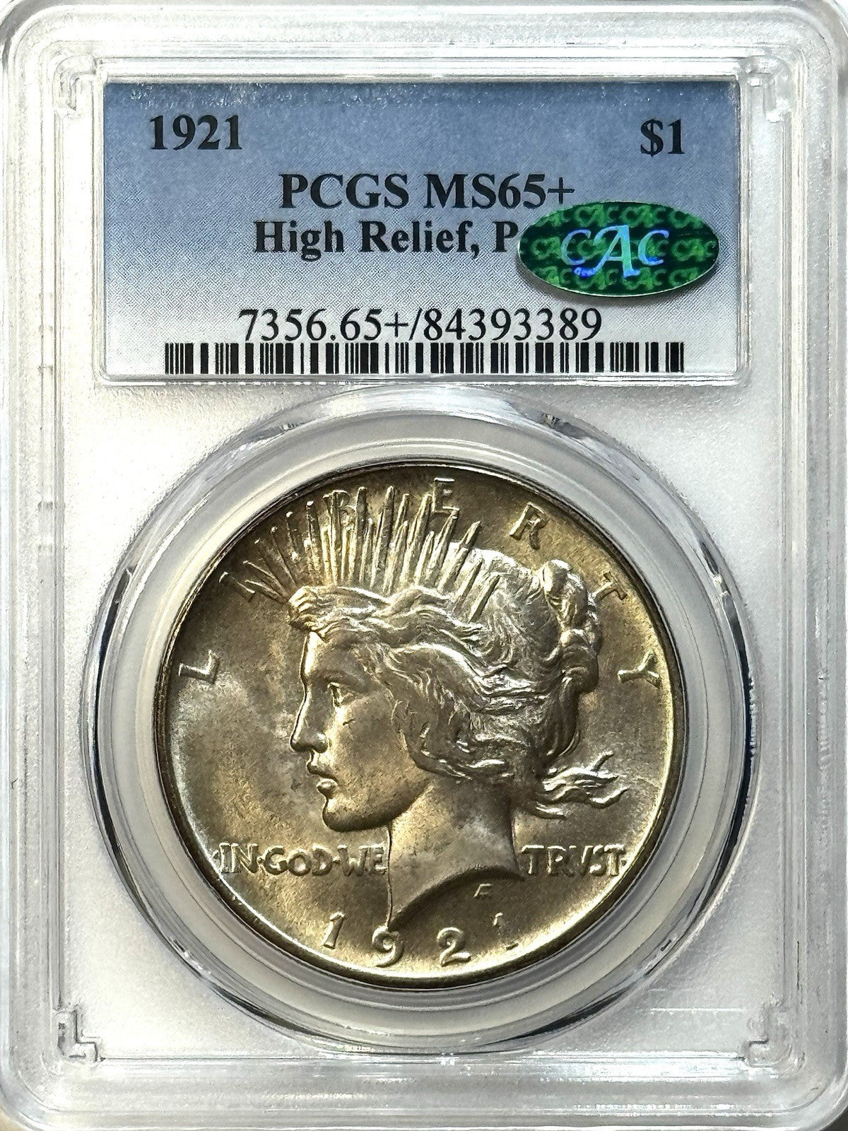 1921 High Relief Peace Dollar - PCGS MS65+ CAC - Beautiful Light Golden Toning