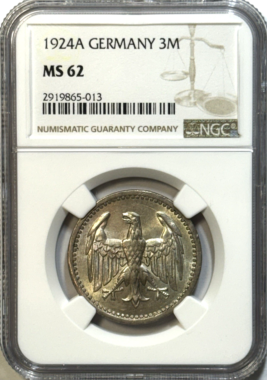 1924A Germany 3 Mark Silver Coin - NGC MS 62 - Weimar Republic Berlin Mint Rare