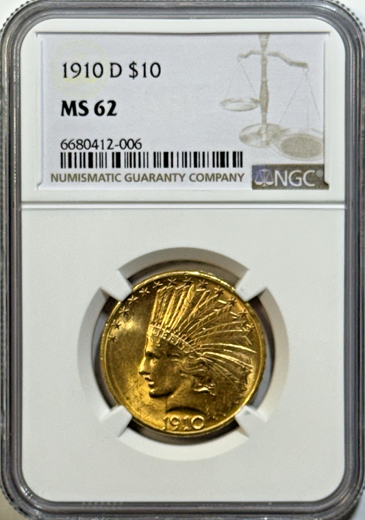 1910-D $10 Indian Head Gold Eagle NGC MS62 Mint State Gold | Denver Issue