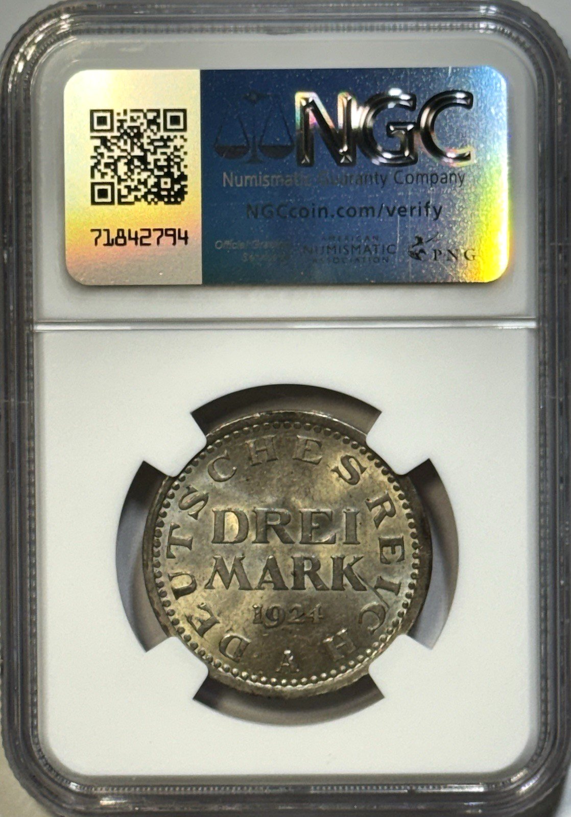 1924A Germany 3 Mark Silver Coin - NGC MS 62 - Weimar Republic Berlin Mint Rare