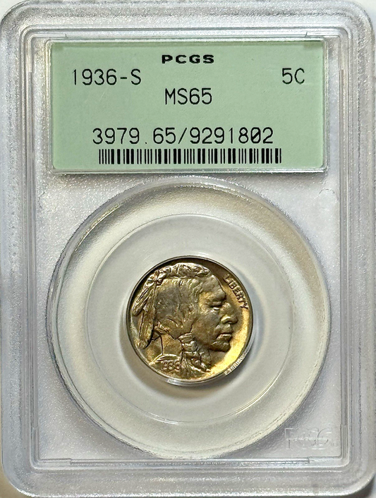 1936-S Buffalo Nickel 5C – PCGS MS65 – Sharp Strike, Lustrous Gem