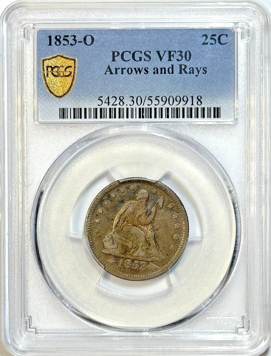 1853-O Seated Liberty Quarter Arrows Rays - PCGS VF30 - Nice Original Toning