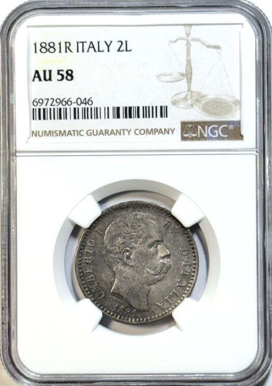 1881-R Italy 2 Lire Silver NGC AU58 — Umberto I — Rome Mint Crown-Lite Heat