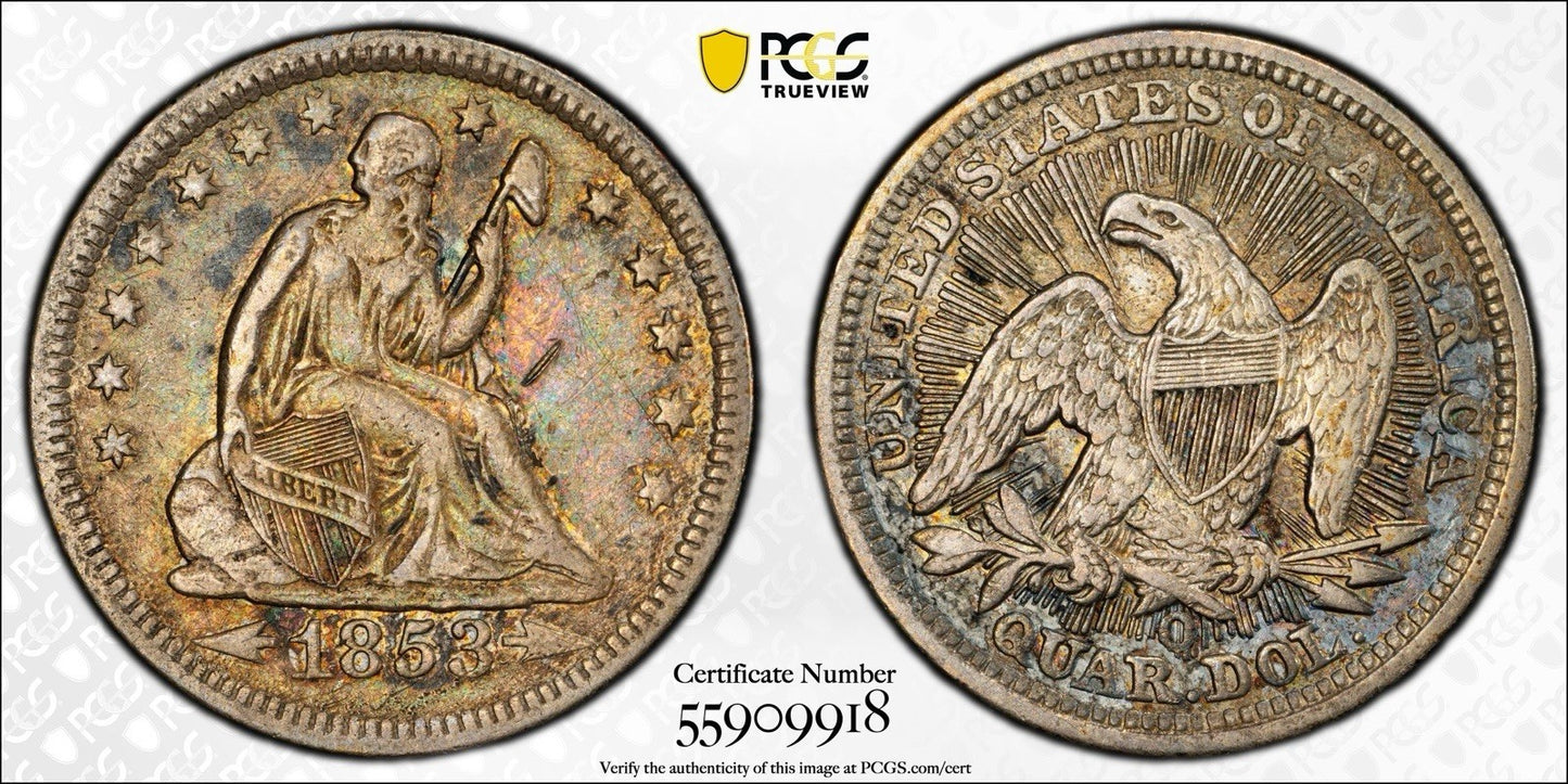 1853-O Seated Liberty Quarter Arrows Rays - PCGS VF30 - Nice Original Toning