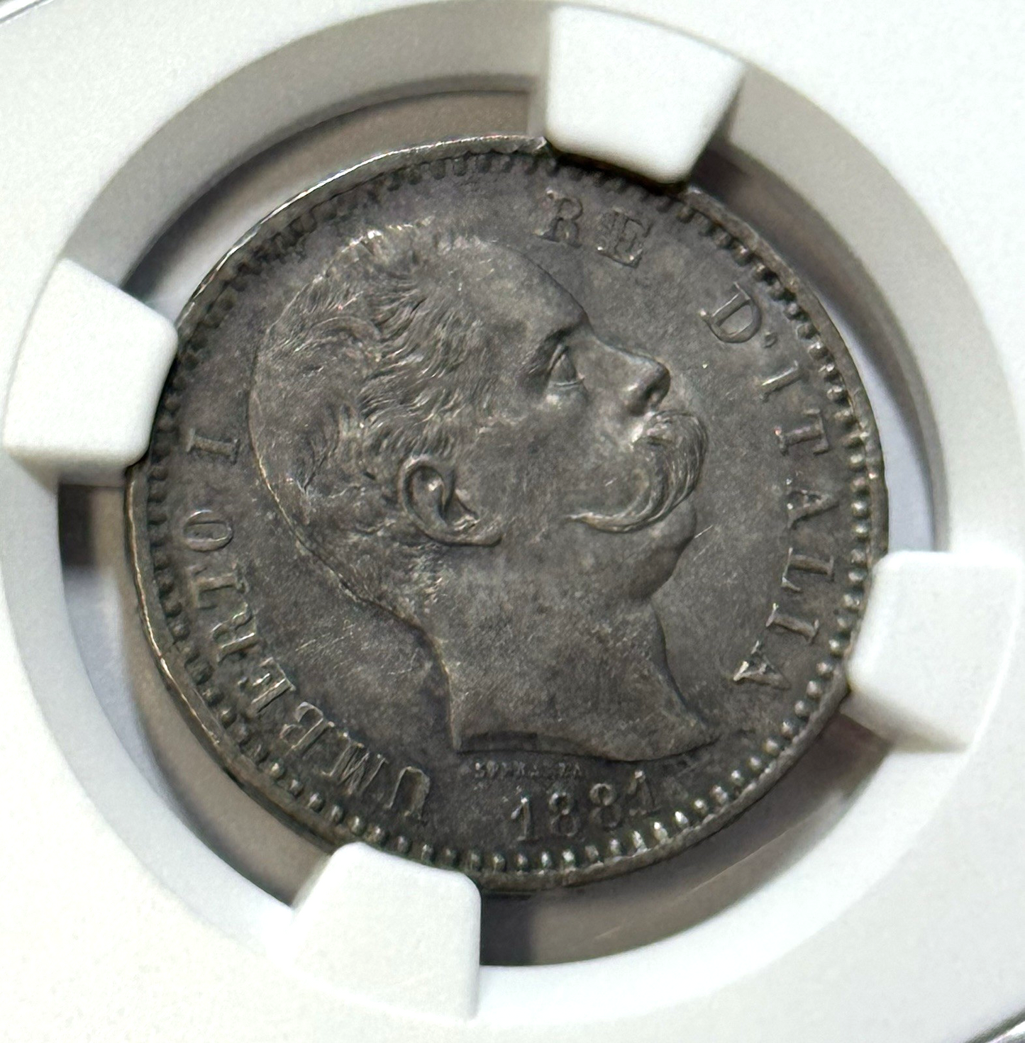 1881-R Italy 2 Lire Silver NGC AU58 — Umberto I — Rome Mint Crown-Lite Heat