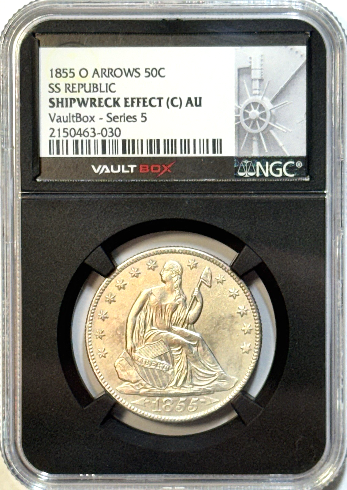 1855-O Arrows Seated Half Dollar NGC AU Shipwreck Effect SS Republic + Orig Box