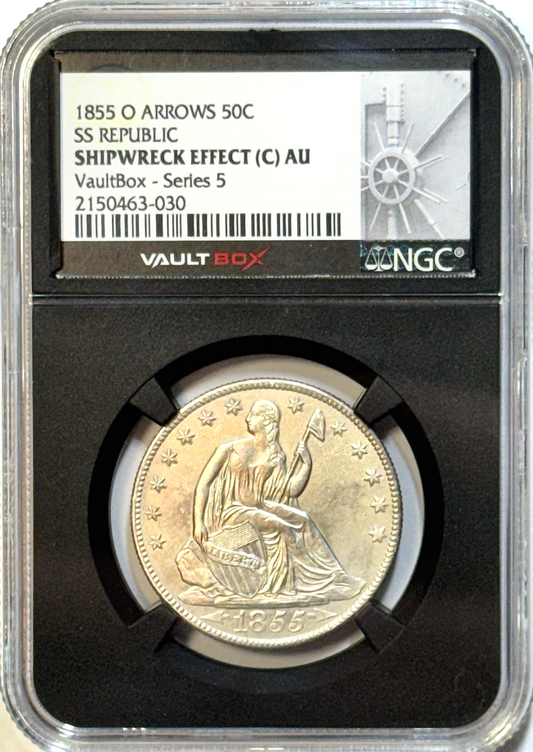 1855-O Arrows Seated Half Dollar NGC AU Shipwreck Effect SS Republic + Orig Box