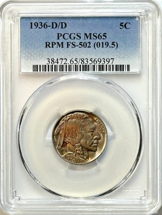1936-D/D Buffalo Nickel - PCGS MS65 FS-502 RPM - Colorful Toning Gem BU