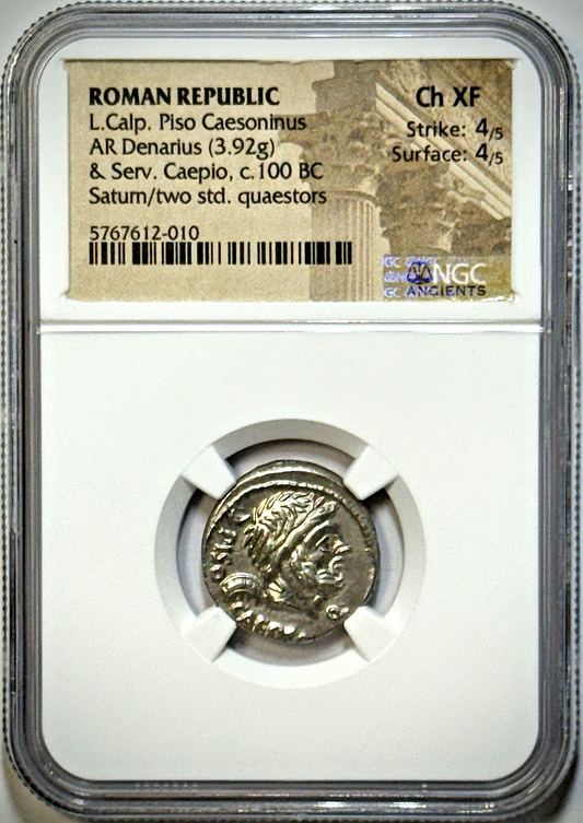 100 BC Piso–Caepio ROMAN REP AR (Silver) Denarius - NGC Ch XF Str: 4/5 Sur: 4/5
