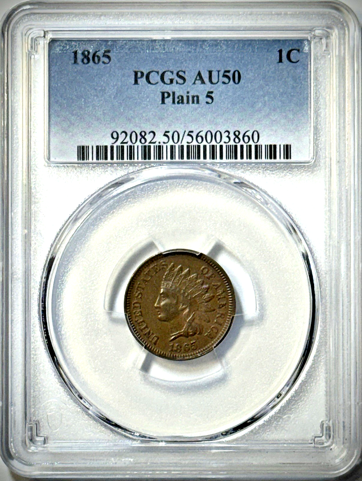 1865 Indian Head Cent - Plain 5 - PCGS AU50 - Scarcer Variety - Civil War Era