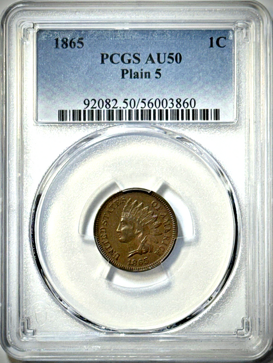 1865 Indian Head Cent - Plain 5 - PCGS AU50 - Scarcer Variety - Civil War Era