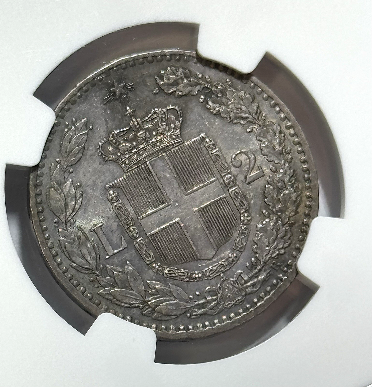1881-R Italy 2 Lire Silver NGC AU58 — Umberto I — Rome Mint Crown-Lite Heat