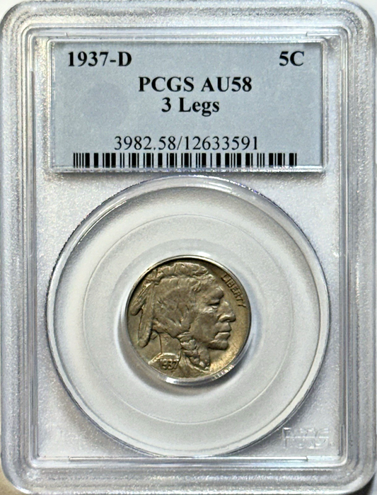 1937-D 3-Leg Buffalo Nickel – PCGS AU58 – Famous Key Date Error