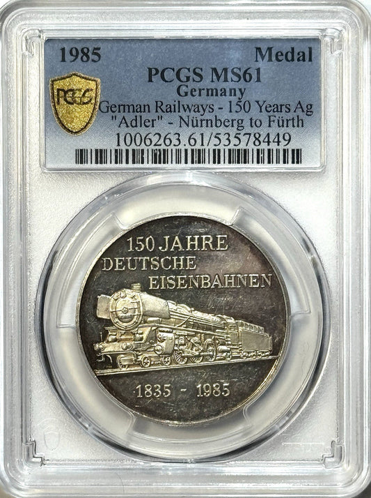 1985 Germany Silver Railway Medal - PCGS MS61 - Adler Nürnberg Fürth