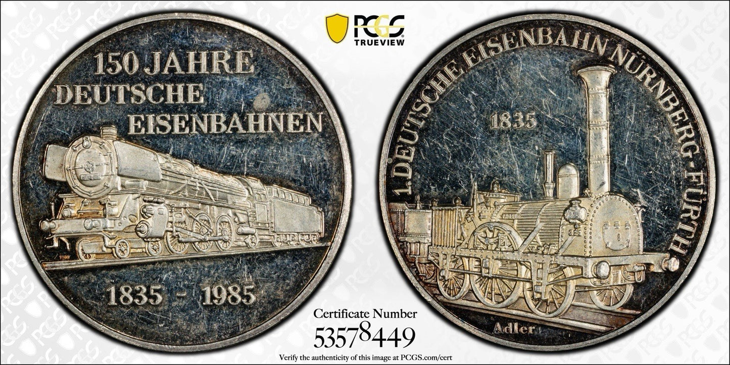 1985 Germany Silver Railway Medal - PCGS MS61 - Adler Nürnberg Fürth