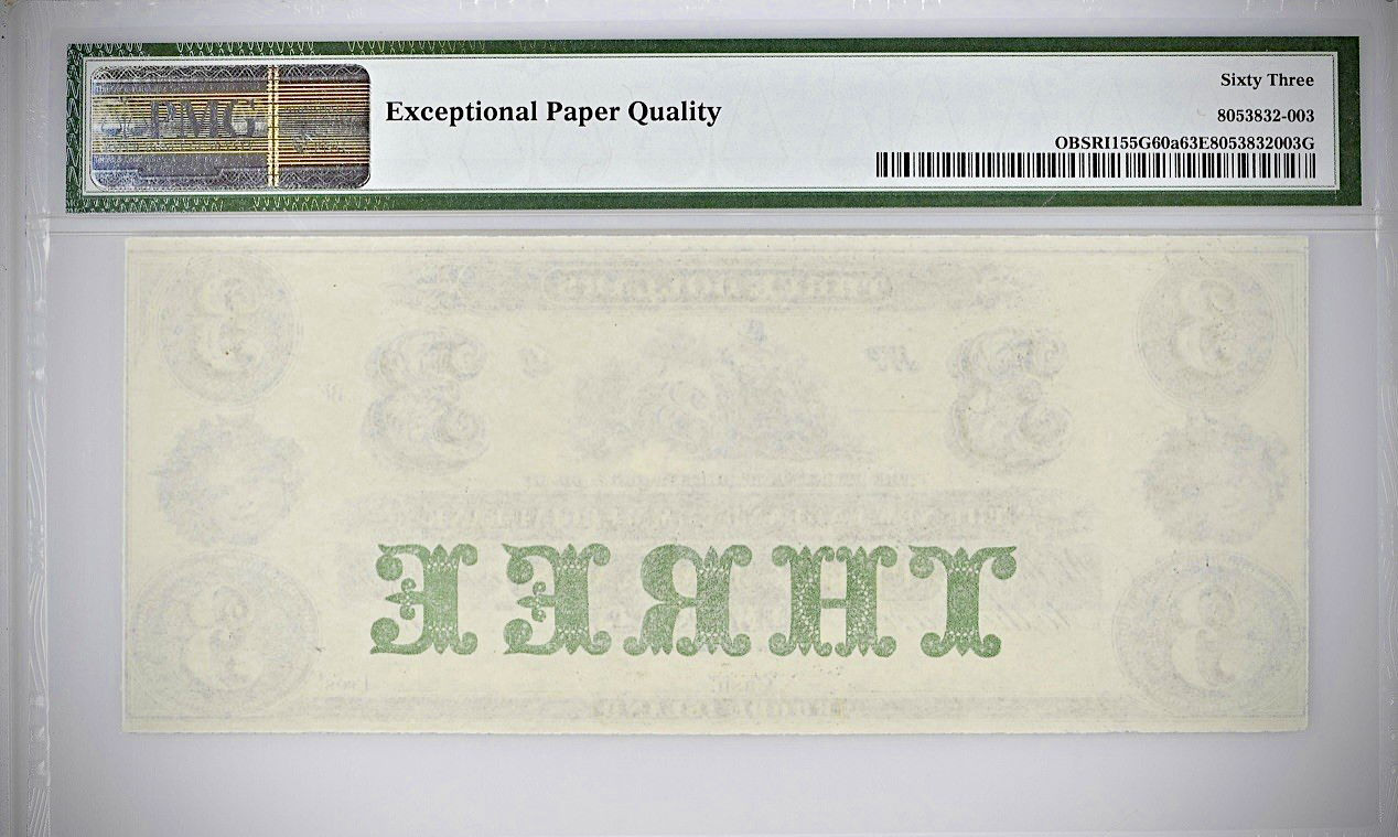 1860's Rhode Island, Newport, $3 Obsolete Bank Note - PMG 63 EPQ - Remainder