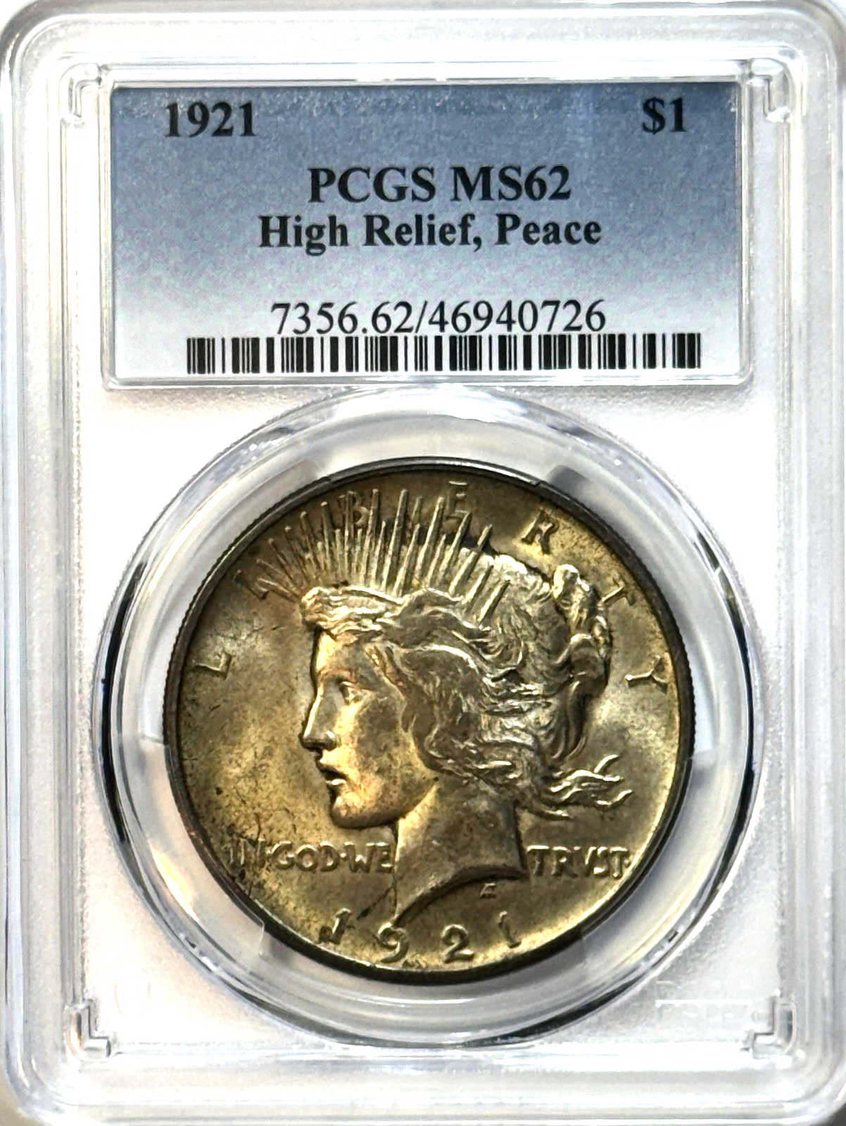 1921 Peace Dollar PCGS MS62 High Relief — Key First Year Issue - Golden Tone