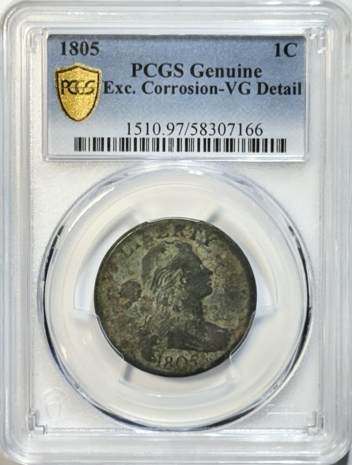 1805 Draped Bust Large Cent - PCGS Genuine VG Details Env Corrosion Gold Shield
