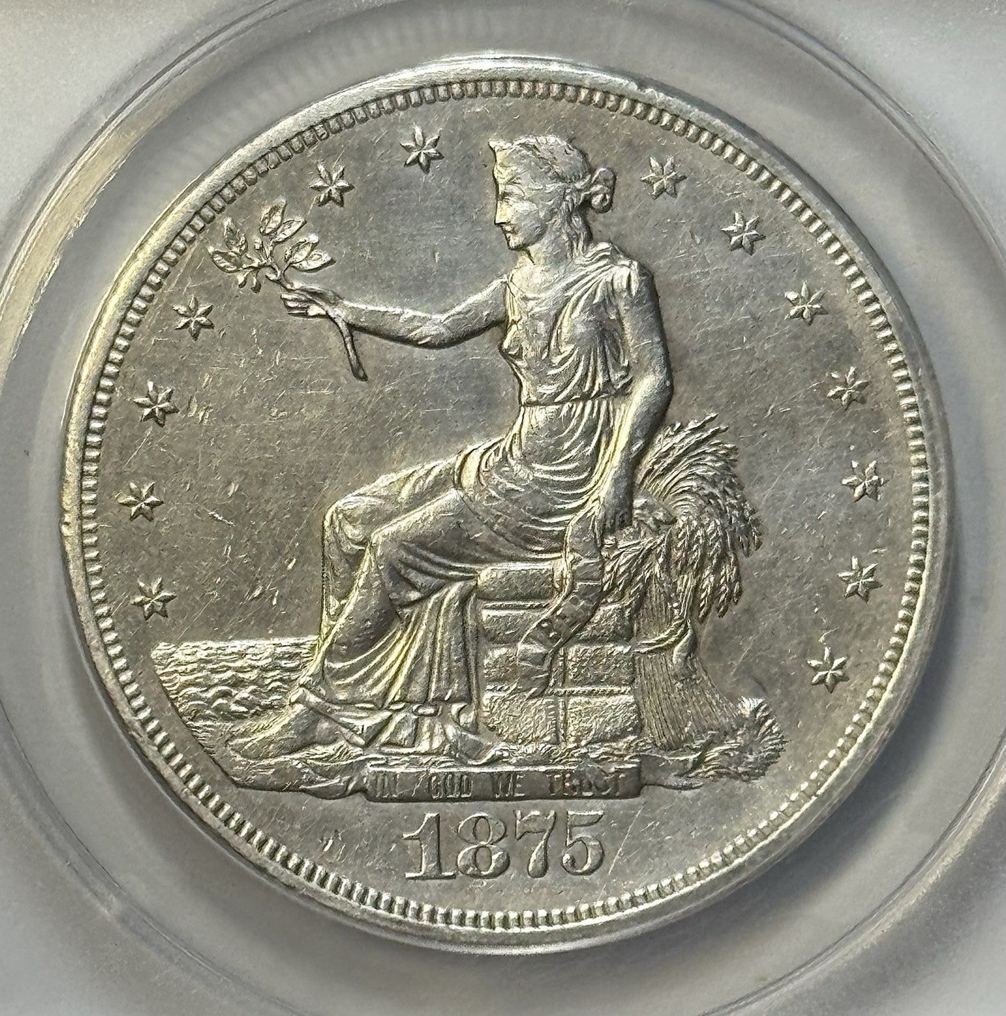 1875-CC U.S. Trade Dollar – ANACS AU53 DETAILS– Scarce Legendary CC Mint Issue