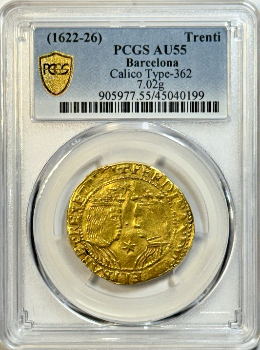 1622–1626 Spanish Barcelona Gold Trenti · PCGS AU55 · Paired Bust · Calicó 362