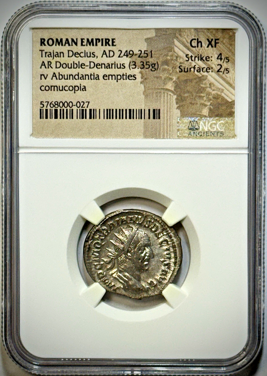 249-251 AD, Trajan Decius-ROMAN EMP AR Double-Denarius-NGC Ch XF St: 4/5 Su: 2/5