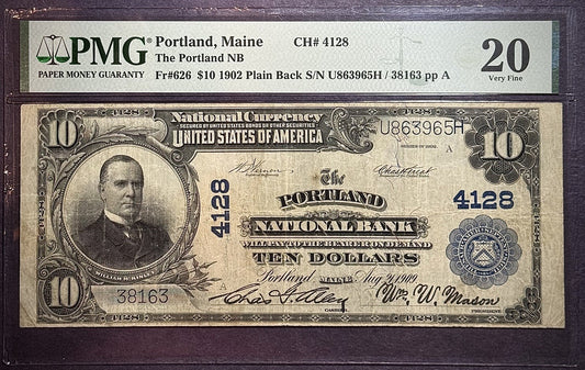 1902 $10 Portland, Maine NB CH #4128 - PMG VF 20