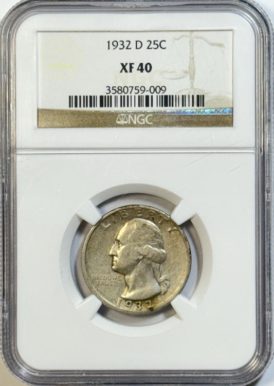 1932-D Washington Quarter – NGC XF40 – Key Date Silver – Certified Original