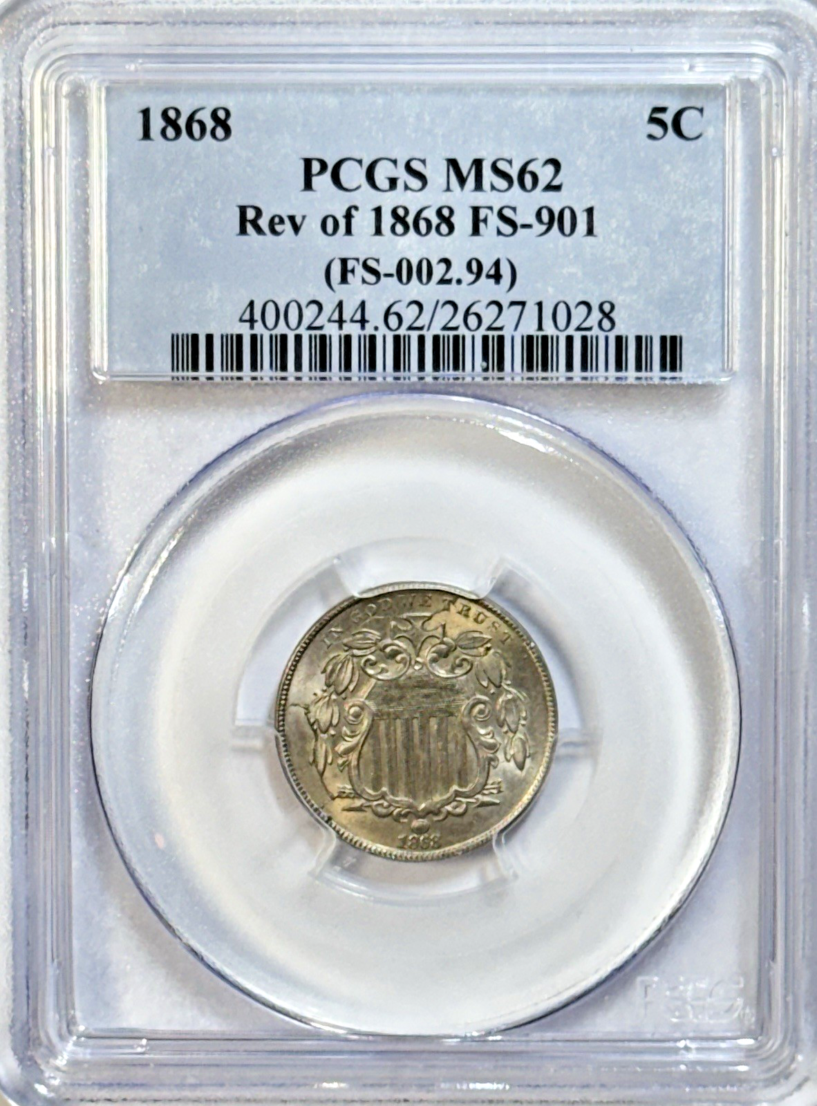 1868 Shield Nickel PCGS MS62 — RARE Broken C FS-901 • Reverse of 1868