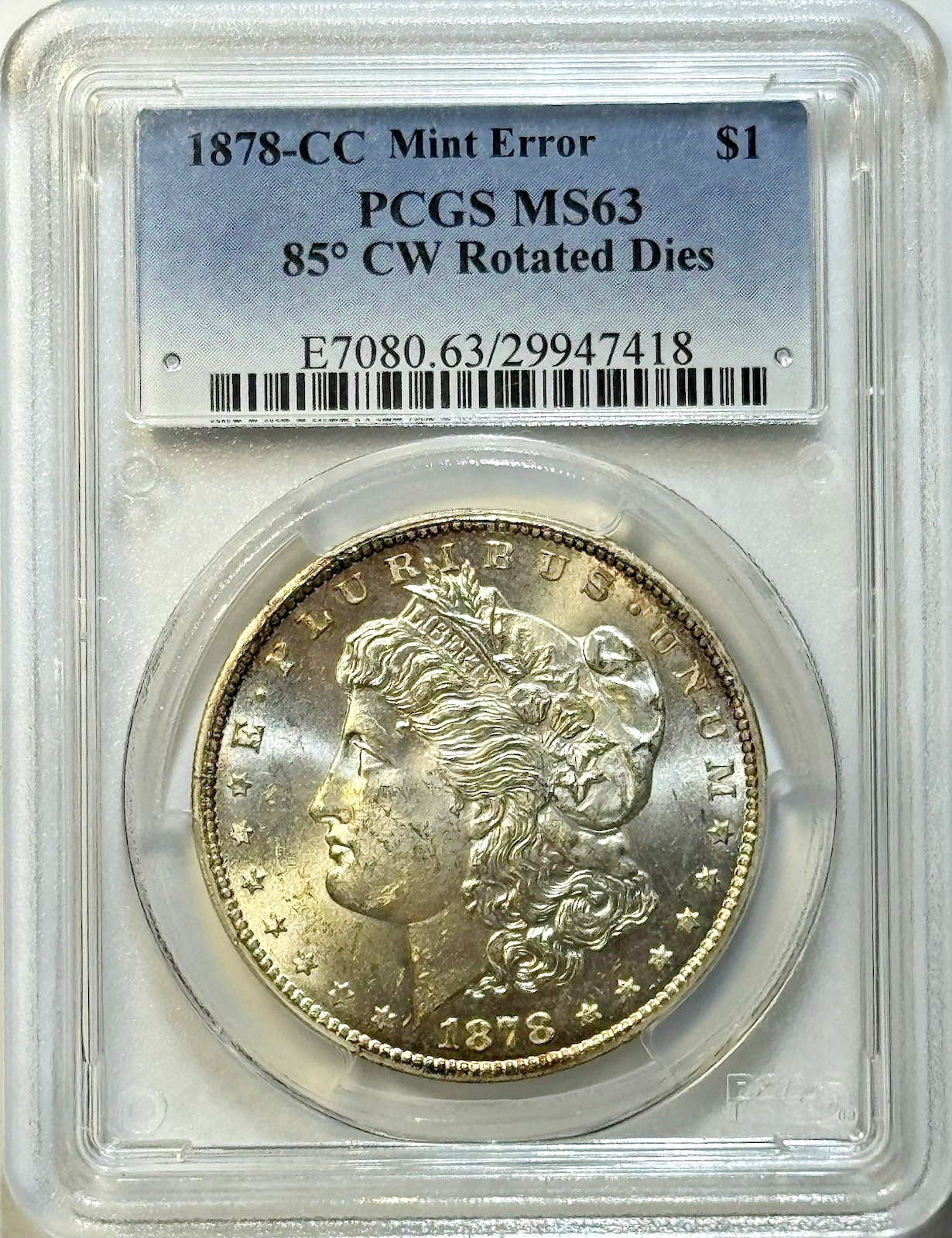 1878-CC Morgan Dollar PCGS MS63 – Dramatic 85° Rotated Dies Mint Error