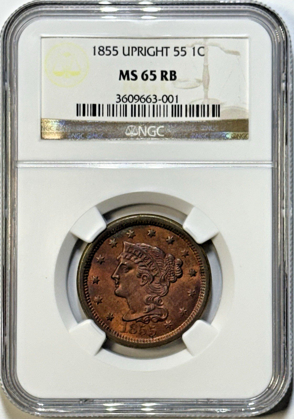1855 Braided Hair Large Cent 1C – NGC MS 65 RB – True Upright 55 *RARE VARIETY*