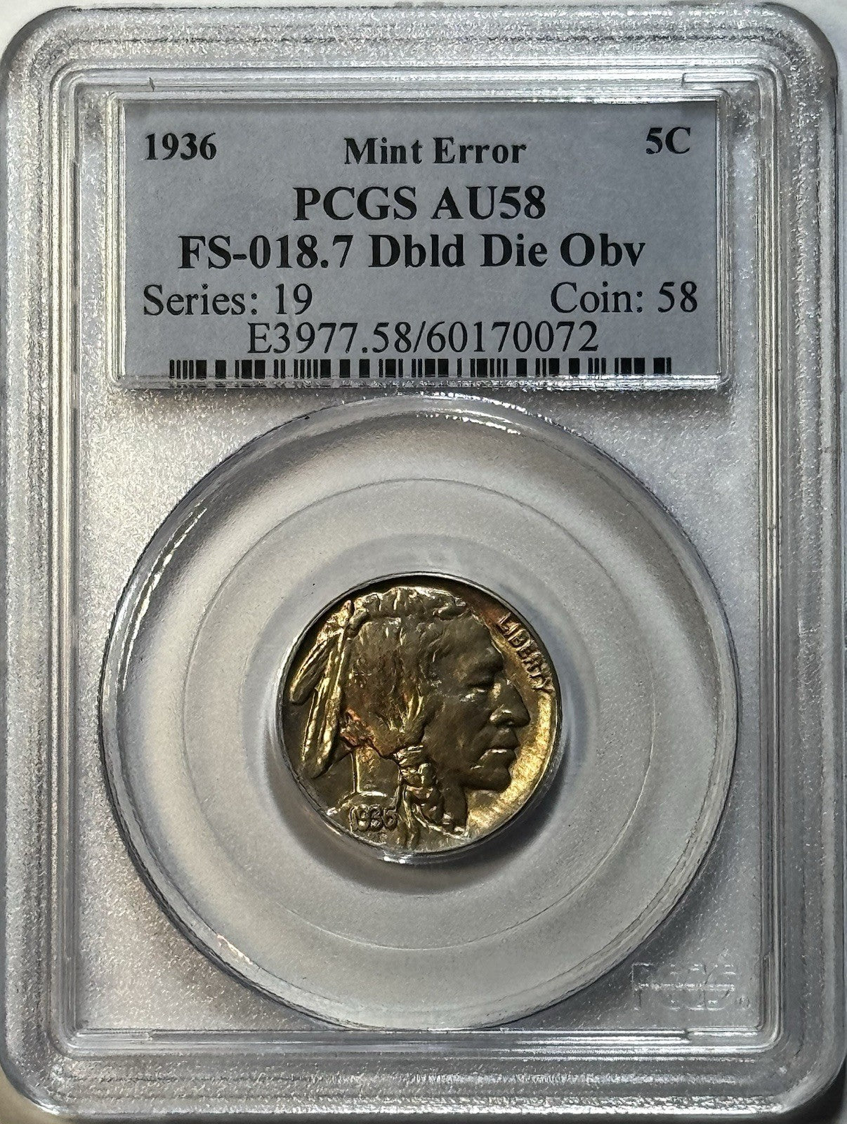 1936 Buffalo Nickel 5C – PCGS AU58 – FS-018.7 DIE VARIETY – TOUGH VARIATION!